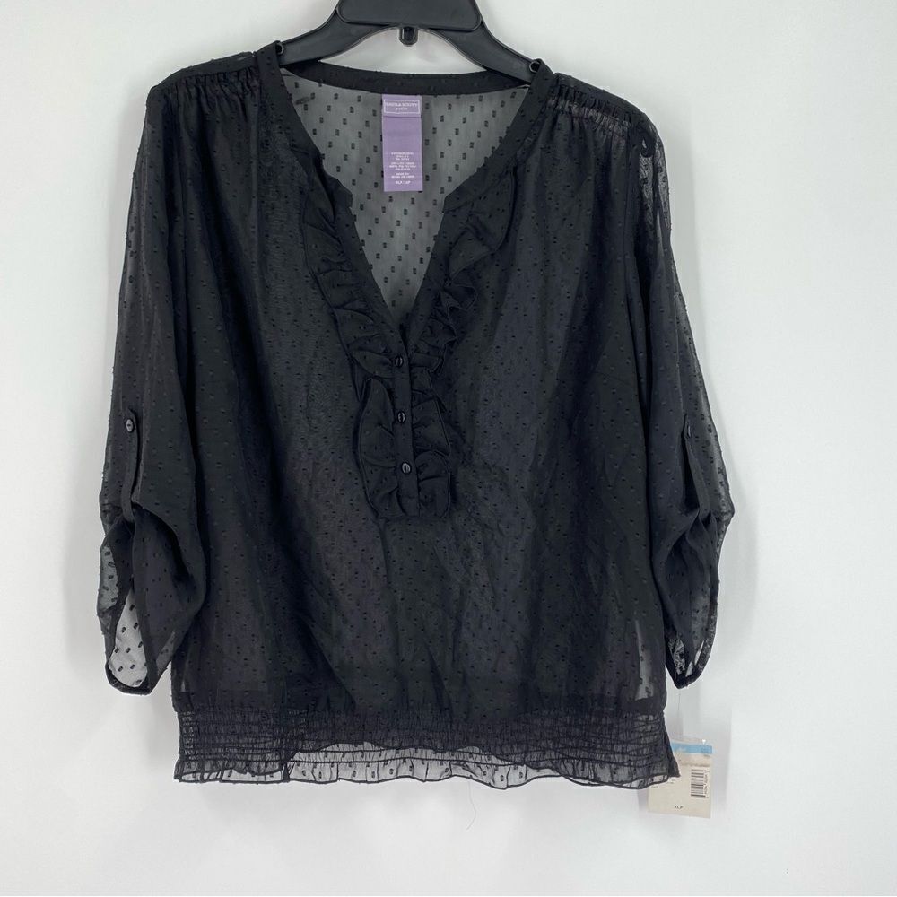 Laura Scott Petite Women’s 3/4 Sleeve Clip Dot Black Sheer Blouse size XLP